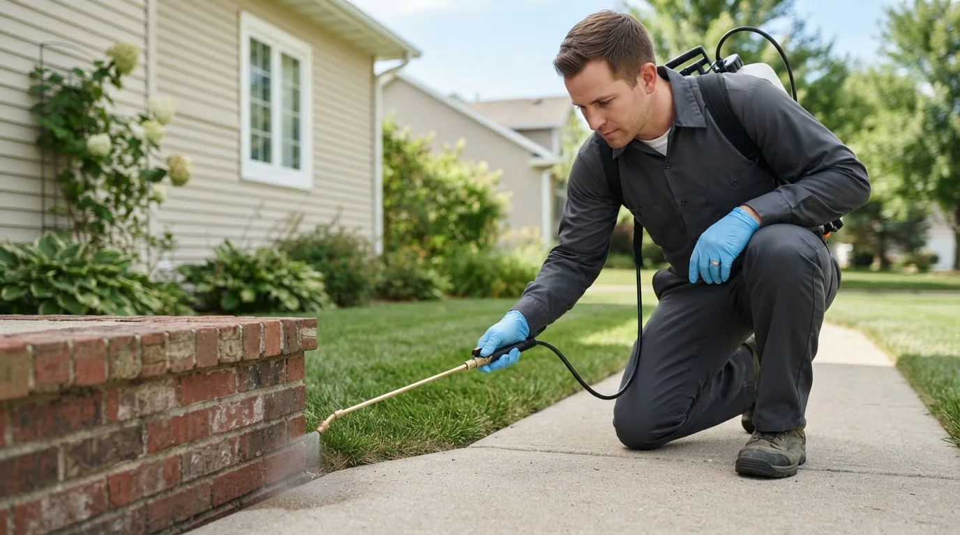 Pest control technician treating a home near Brookston, IN